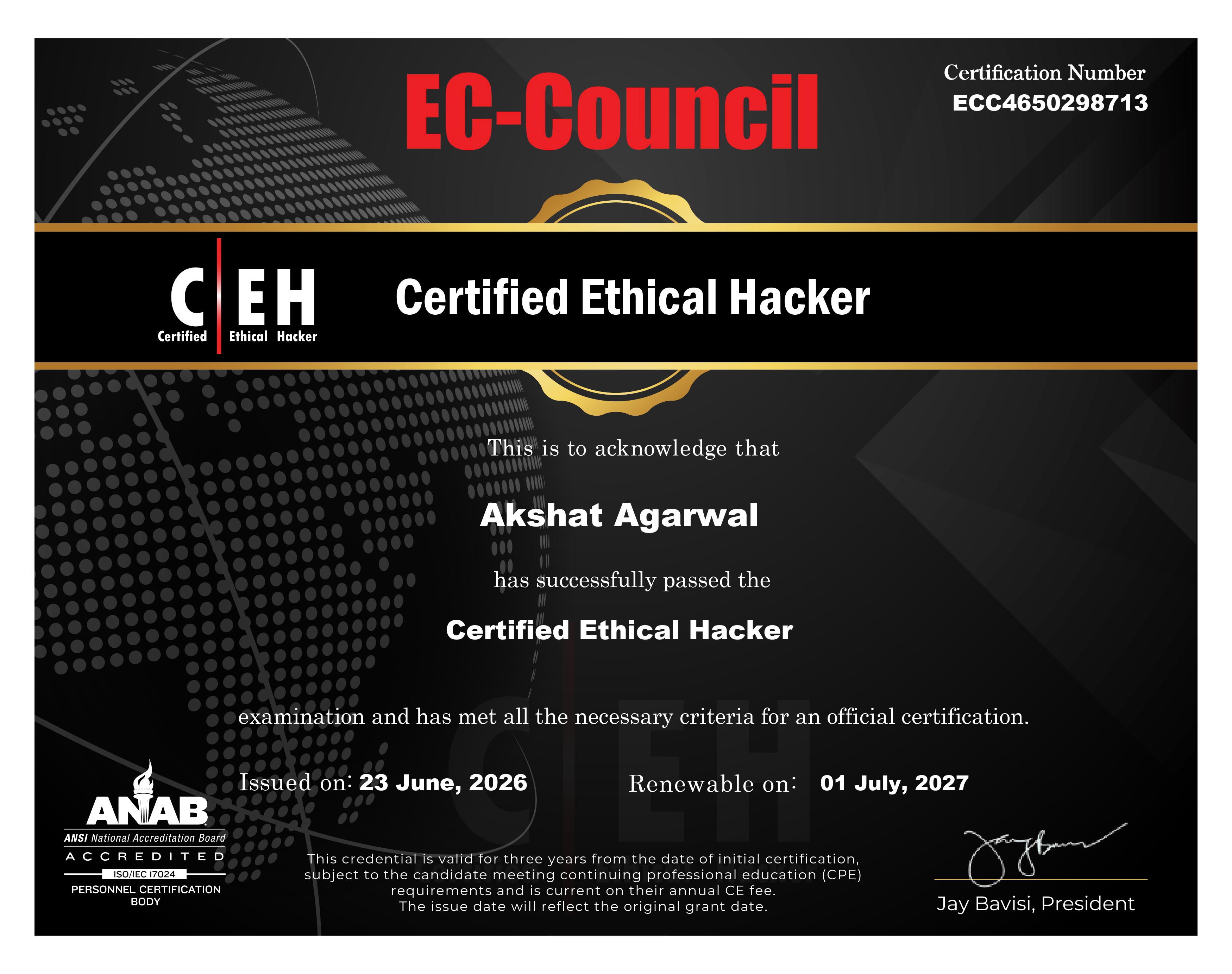 CEH Certificate — Akshat Agarwal